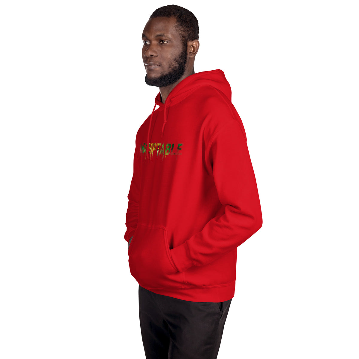 Hoodie INDOMPTABLE Khako Wear rouge — imprimé lettrage drip rouge jaune vert face avant