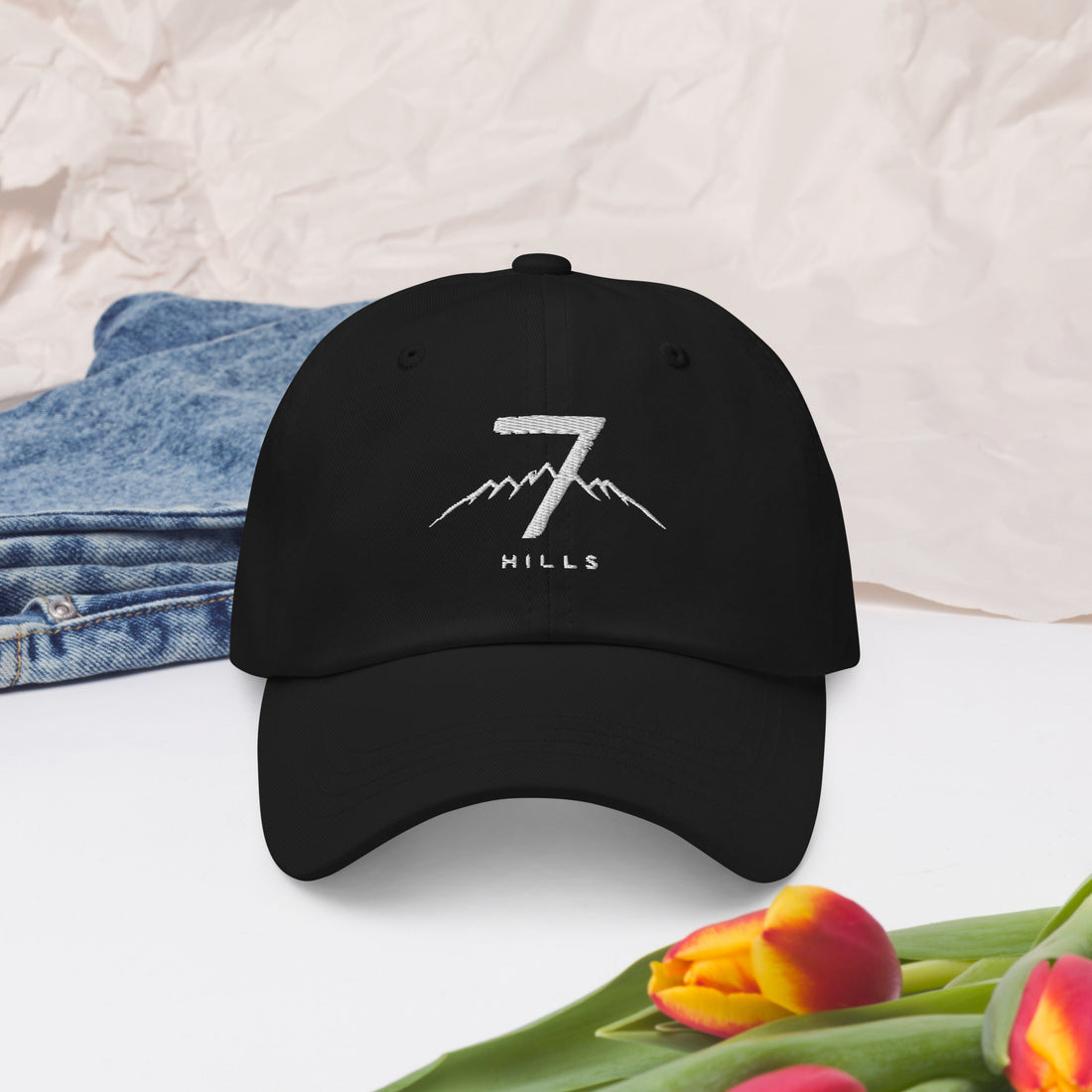 Casquette 7 Hills Hat Khako Wear noire face — broderie montagne sept collines Yaoundé