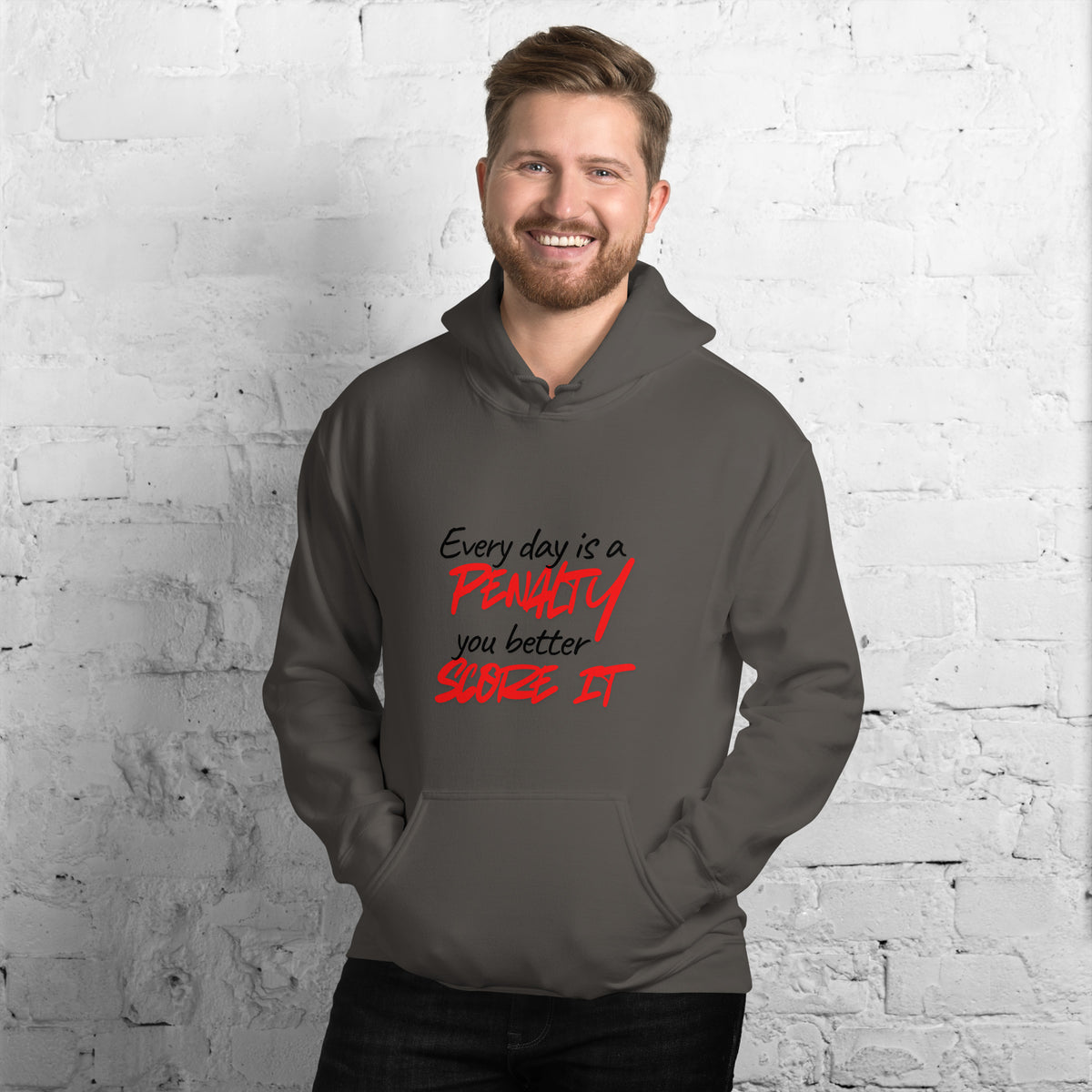 Hoodie Ready to Score Khako Wear charcoal face — coupe unisexe premium