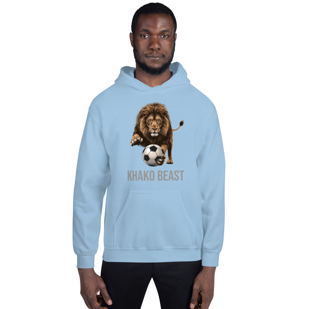 Hoodie The Playful Lion Khako Wear light blue face — coupe unisexe africaine